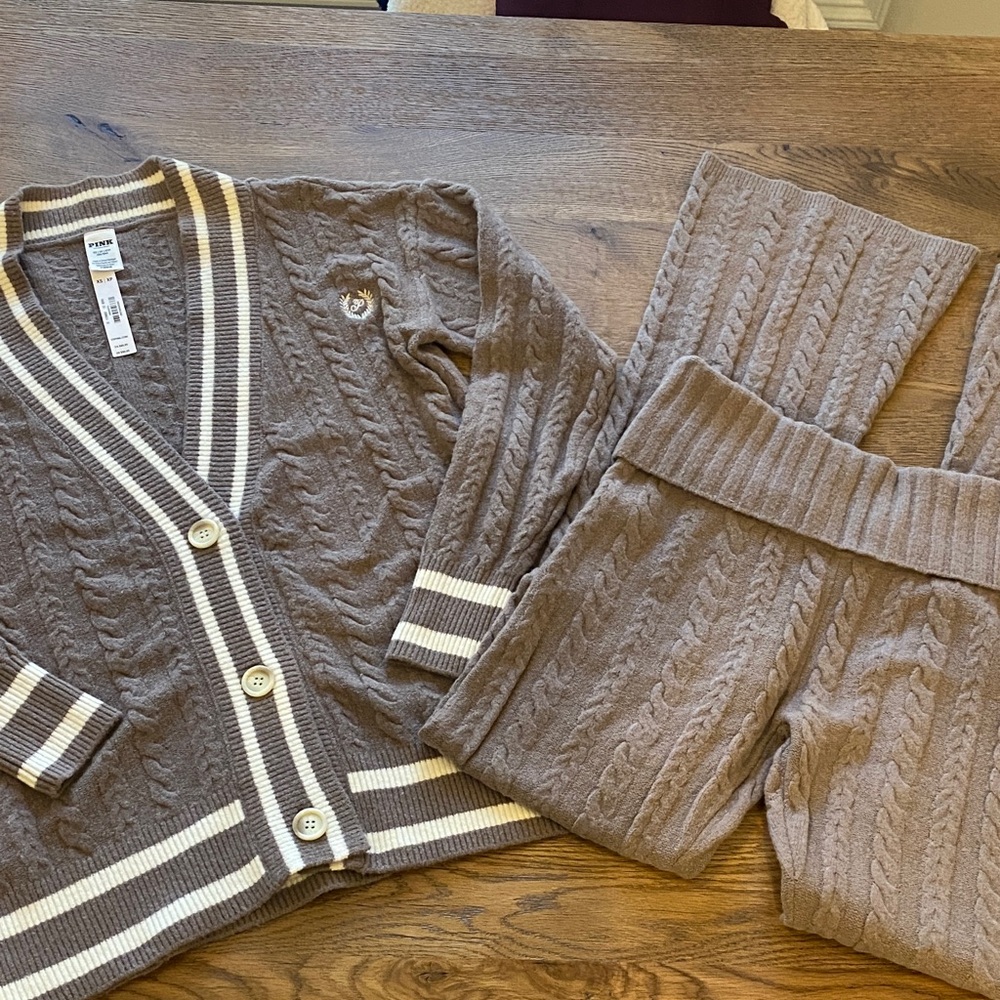 PINK Victoria's Secret Brown Cable Knit Cardigan and pants set NWT